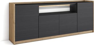 Skraut Home Skraut Home - Aparador Para Sal&oacute;n, Gran Capacidad De Almacenaje, 207x37x80cm, 4 Puertas, Led, Estilo Moderno, Negro Y Roble