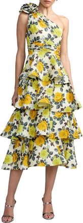 Mac Duggal Floral One Shoulder Charmeuse Tiered Midi Dress in Yellow Rose at Nordstrom, Size 12