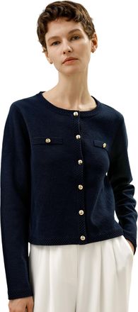 LilySilk 100% Silk Cardigan for Women Button-Down Cropped Sweater Jacket for Ladies Round Neck Semi-Formal(Navy Blue,S)
