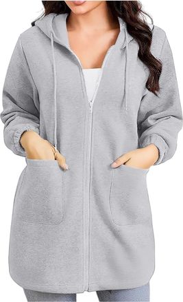 Generic Longline Hoodie for Women Womens Long Hoodies Zip Up Ladies Sweatshirt Jackets Fleece Lined Jacket Hooded Coat Autumn Winter Warm Casual Outerwear Loo