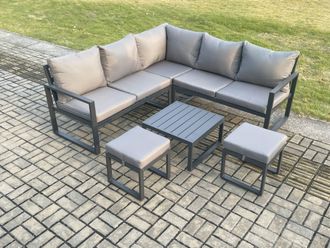 Fimous Outdoor Garden Furniture Set Aluminium Lounge Sofa Square Coffee Table Sets with 2 Small Footstools in Dark Grey