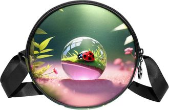 Generic Circle Crossbody Bag for Women, Ladybug Crystal Ball Small Sling Bag Daypack with Zipper Adjustable Shoulder Straps Casual Ladies Girls Round Purse