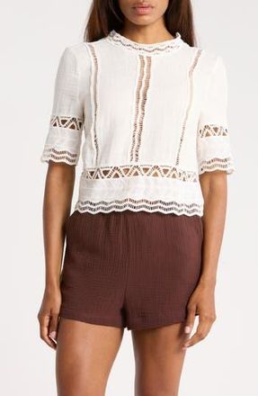 Ellen Tracy Short Sleeve Cotton Crosshatch Crop Top in Cream at Nordstrom Rack, Size X-Large