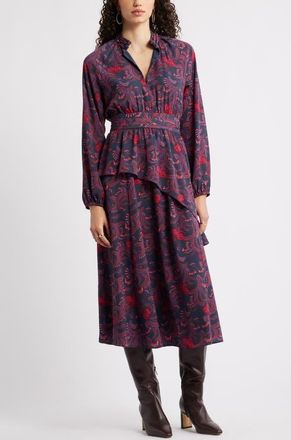 Chelsea28 Long Sleeve Ruffle Midi Dress in Navy Floral Vine at Nordstrom, Size Xx-Large