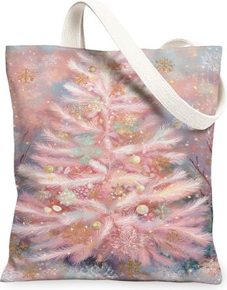 Generic Winter Holiday Canvas Tote Bags, Festive Tree Design Reusable Grocery Bags, Elegant Vintage Lightweight Washable Shoulder S, Peach, 13x15 Inch