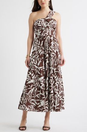 Chelsea28 Twist One-Shoulder Maxi Dress in Brown Abstract Floral at Nordstrom, Size Xx-Small