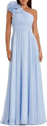 Mac Duggal Womens One Shoulder Polka Dot Chiffon Gown With Ruffle Detail in Powder Blue at Nordstrom, Size 16