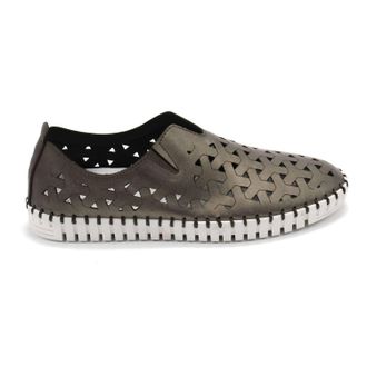 Eric Michael Womens Inez Leather Slip-On Flat Comfort Shoes In Pewter Metallic