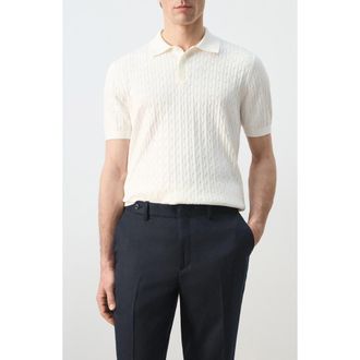 Mango Cable Stitch Polo Sweater in Off White at Nordstrom, Size Xx-Large