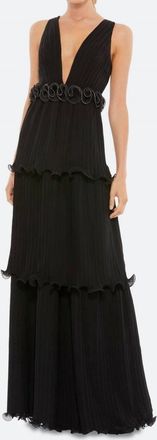 Mac Duggal Womens Plunge Neck Rosette Detail Pleated Gown In Black