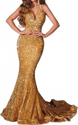 Portia & Scarlett Open Back Sequin Prom Dress In Gold