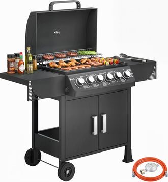 OUTSUNNY Barbacoa De Gas Con 6 Quemadores 15 Kw, Term&oacute;metro, Mesas Laterales, Armario, Rejilla Calentadora, Parrilla, Recogedor Grasa, 2 Ruedas, Negro