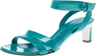 Casadei Turquoise Patent Leather Open Toe Cross Strap Mid Heel Sandals