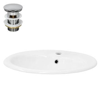 ML Design Lavabo blanco ovalado de cer&aacute;mica encastrable con desag&uuml;e plateado