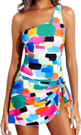 Generic Swimconch Swimsuit with Skirt,One Shoulder One Piece Swimsuit for Women Tummy Control Bathing Sexy Slim Fit (H,L)