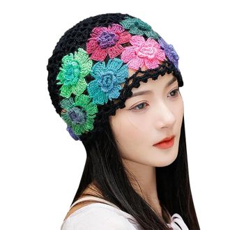 Generic Vintage Handmade Embroideried Cotton Crochet Knit Hollow Out Floral Knit Hat Mens Trapper Hat Mad (Black, One Size)