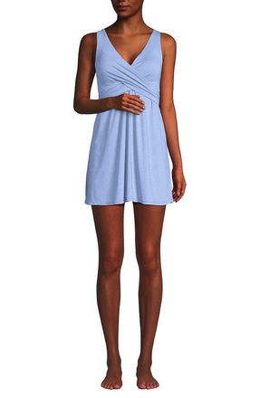 Lands End SlenderSuit V-neck Wrap Swim Dress One Piece Swimsuit Adjustable Straps in Soft Cloud Blue Shine at Nordstrom, Size 10