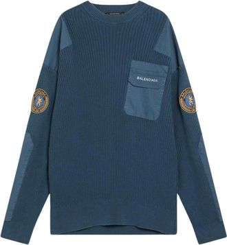Balenciaga Patchwork Knit Sweater - Heren - Ronde hals truien - Blauw - M - Truien & Vesten