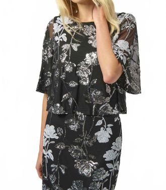 Joseph Ribkoff Sori Sequin Embroidered Floral Print Boxy Top In Black