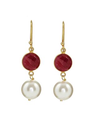 Liv Oliver 18k Gold Plated Ruby & Pearl Drop Earrings
