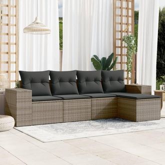 vidaXL Juego De Sof&aacute;s Jard&iacute;n Con Cojines 5 Pzas Rat&aacute;n Sint&eacute;tico Gris Vidaxl