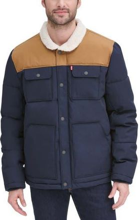 Levi's Woodsman High Pile Fleece Puffer Jacket in Navy Worker Brown Yoke at Nordstrom Rack, Size Xx-Large