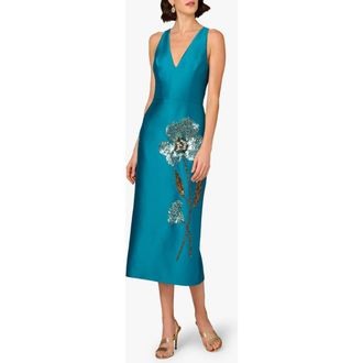 Aidan Mattox Beaded V-Neck Midi Dress in Peacock at Nordstrom Rack, Size 8