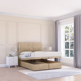 Sloomy Manhattan Coniston Fabric Ottoman Bed End Opening With Sprung Memory Mattress & 26 Inch strut Headboard in Cream | Size: Small Double