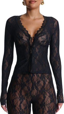 Naked Wardrobe Lace Long Sleeve Button-Up Top in Black at Nordstrom, Size X-Large