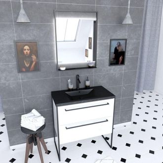 Aurlane Aurlane - Set mobile bagno 80x50 cm bianco - 2 cassetti - lavabo in resina nero pietra - specchio