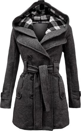 Generic Womens Hooded Trench Coat Ladies Winter Cosy Long Sleeve Comfy Elegant Belted Jackets Casual Plus Size Fleece Thick Classic Solid Color Trendy Daily O