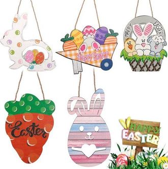 OEM 5 Letreros De Madera Para Puertas De Pascua: Decoraci&oacute;n Colgante De Huevo De Pascua, Zanahoria Y Conejo
