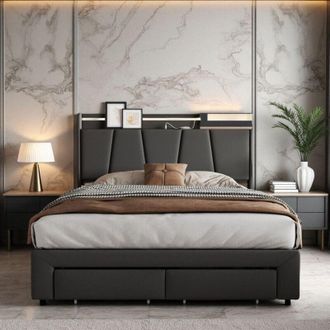 OEM Cama Doble 140x190 - Tejido Lino Gris Antracita - Cofre Hidr&aacute;ulico - Led 7 Colores - Usb Incluido