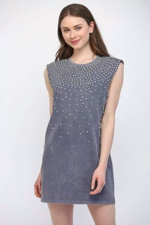 Fate Studs Embellished Washed Tunic Dress In Denim Blue