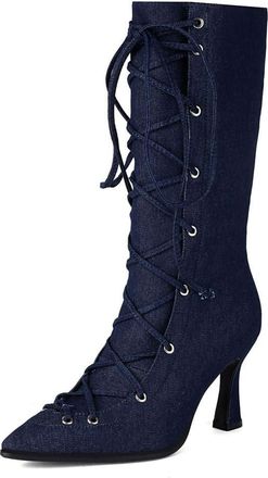 Generic Womens Pointed Toe Denim Short Boots Lace Up Mid-Calf Boots Stiletto High Heel Casual Boot,Black,6.5 UK