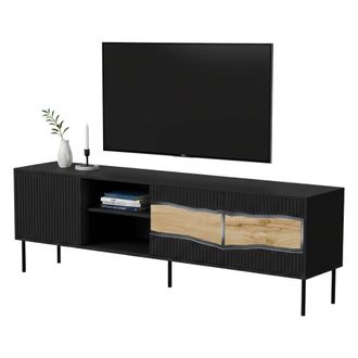 Dmora Mueble De Tv Luvinate, Aparador De Sal&oacute;n Con Tres Puertas Batientes Y Dos Compartimentos, Con Luces Led, Elevado Del Suelo, 190x40 H62 Cm, Negro Y Nud