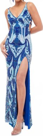 Jasz Couture Lace-Up Back Beaded Sheath Gown In Royal Blue