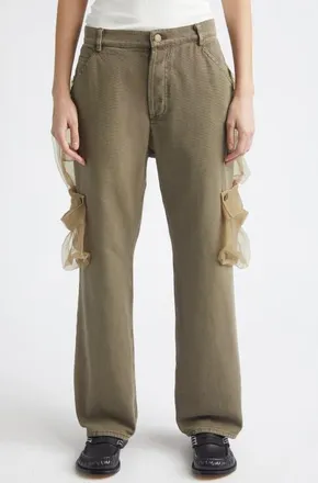 Magliano Cantiere Sheer Pocket Cotton Canvas Wide Leg Pants in Khaki at Nordstrom, Size X-Small
