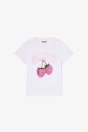Ganni White Baby Fit T-shirt with Raspberry - Size XXS Organic Cotton