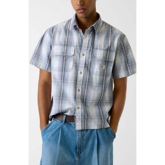 Guess Boxi Plaid Crop Short Sleeve Cotton Button-Up Shirt in L73E-Dark at Nordstrom, Size Xx-Large