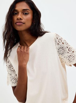 Contemporaine Womens Organic cotton crocheted sleeve T-shirt
