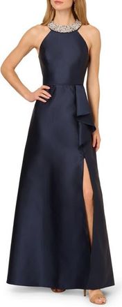 Adrianna Papell Embellished Neck Mikado Gown in Midnight at Nordstrom, Size 14