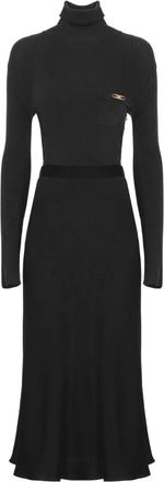 Elisabetta Franchi Geribbelde Gebreide en Satijnen Midi Jurk - Dames - Casual kleedjes - Zwart - S - Satijn - Kleedjes