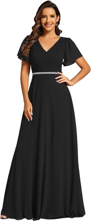 Ever-pretty Maxi Dresses Pleated A-Line Chiffon Formal Evening Dress with Short Sleeves and Sequin Waist Black 26UK