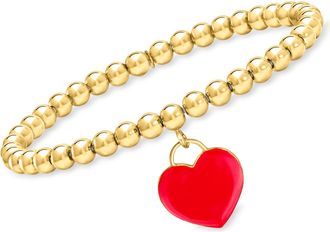 RS Pure by Ross-Simons Italian 5mm 18kt Gold Over Sterling Bead Stretch Bracelet With Red Enamel Heart Charm