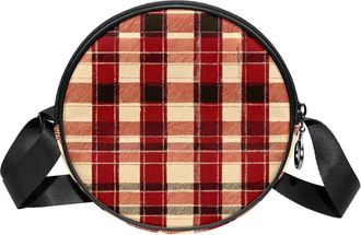 Generic Circle Crossbody Bag for Women, Red Retro Plaid Small Sling Bag Daypack with Zipper Adjustable Shoulder Straps Casual Ladies Girls Round Purse