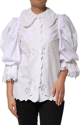 Dolce & Gabbana White Ruffled Lace Embellished Blouse Womens Top