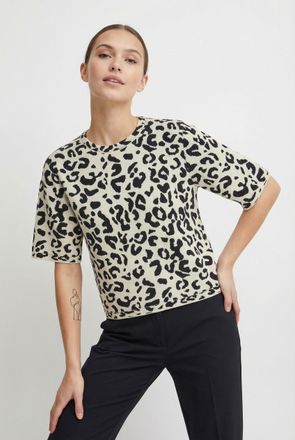 Vila Strickpullover VILA VIMAYAS O-NECK 2/4 KNIT NOOS, Damen, Gr. XL, super light natural melan pattern:leo schwarz beauty, Strick, Obermaterial: 50% Polye