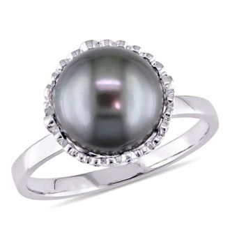 Amour 9.5 - 10 Mm Black Tahitian Pearl and 1/4 CT TW Diamond Cocktail Ring In 14K White Gold