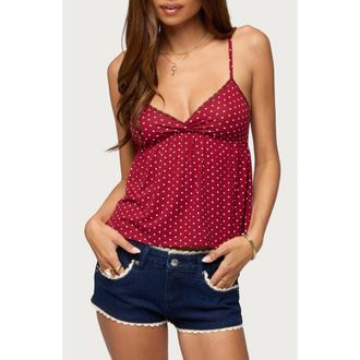 Edikted Belen Polka Dot Lace Trim Top in Burgundy-And-White at Nordstrom, Size X-Large